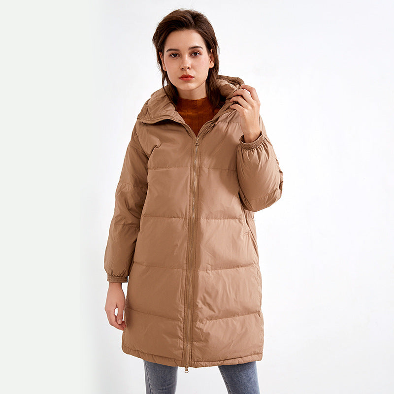 Urban leisure Hunting black zipper outdoor thickened Brown medium length hooded down jacket