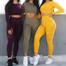 Load image into Gallery viewer, Fitstyle Women&#39;s Yoga hollow out top pants elastic thin long sleeve quick drying women&#39;s Capris two-piece suit
