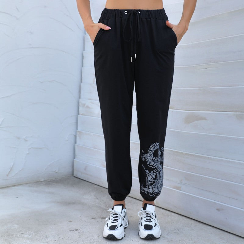 New Pants Black printing drawstring nine legged pants women