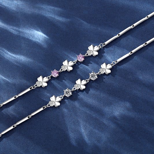 Lucky four-leaf grass hand chain female 925 sterling silver