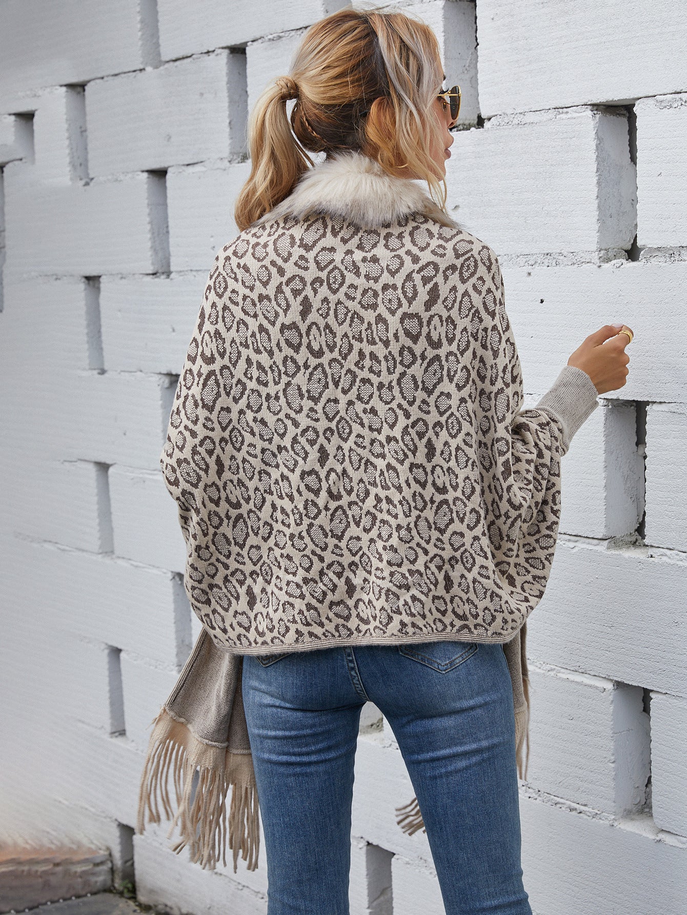 Leopard sweater autumn and winter new wool collar cardigan shawl knitted coat