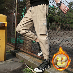 Solid color washed cotton pockets cargo warm pants
