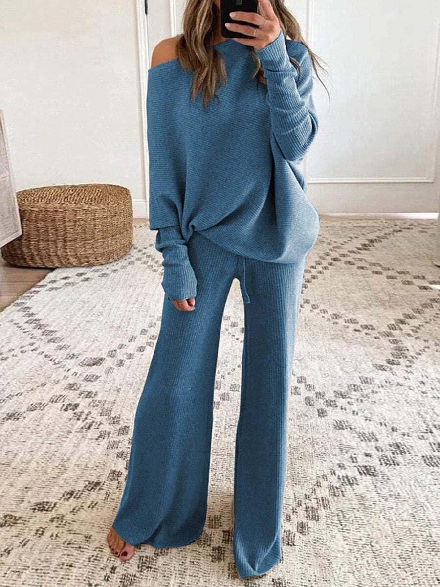 New Women  Solid Color round Neck Long Sleeve Casual Two-Piece Suit Suit