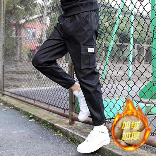 Solid color washed cotton pockets cargo warm pants