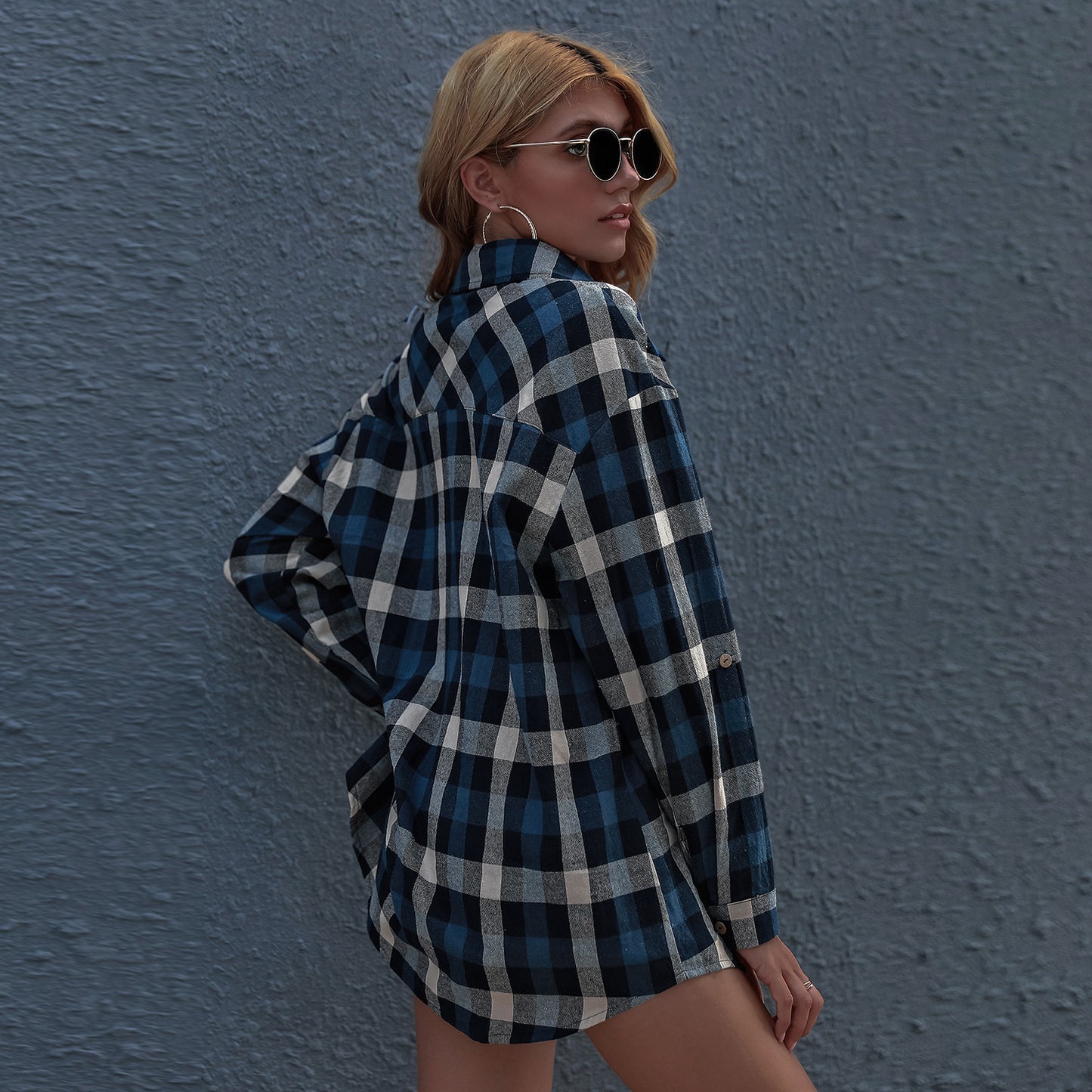 Long Sleeved Blue Plaid Cardigan Coat