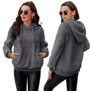 Amazon autumn and winter cross-border Europe and America long sleeve zipper hooded collar solid color women's sweater sweater jacket with pockets