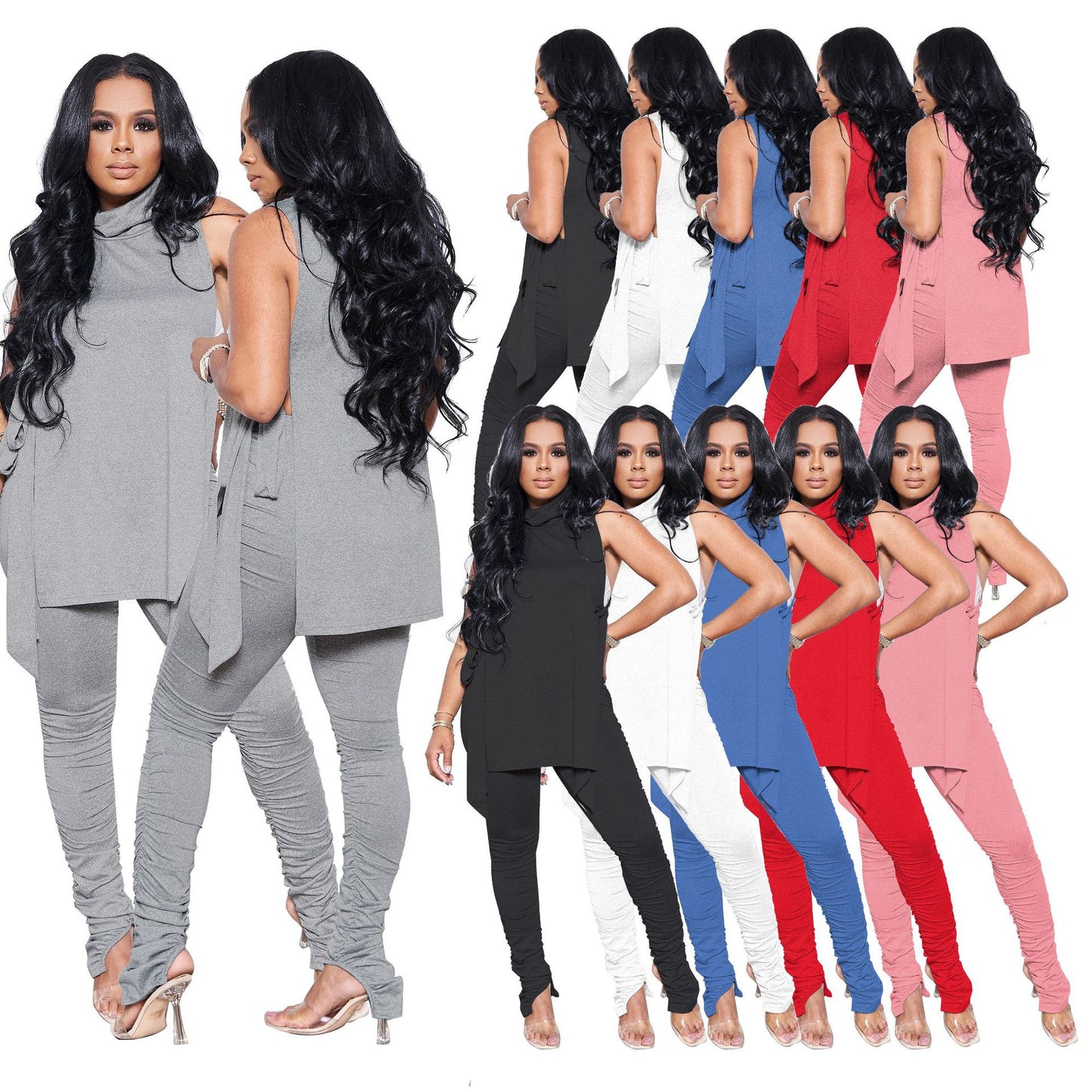 Women Clothing Sleeveless Sexy Lace-up Pile Pants Two-Piece Suit for Women