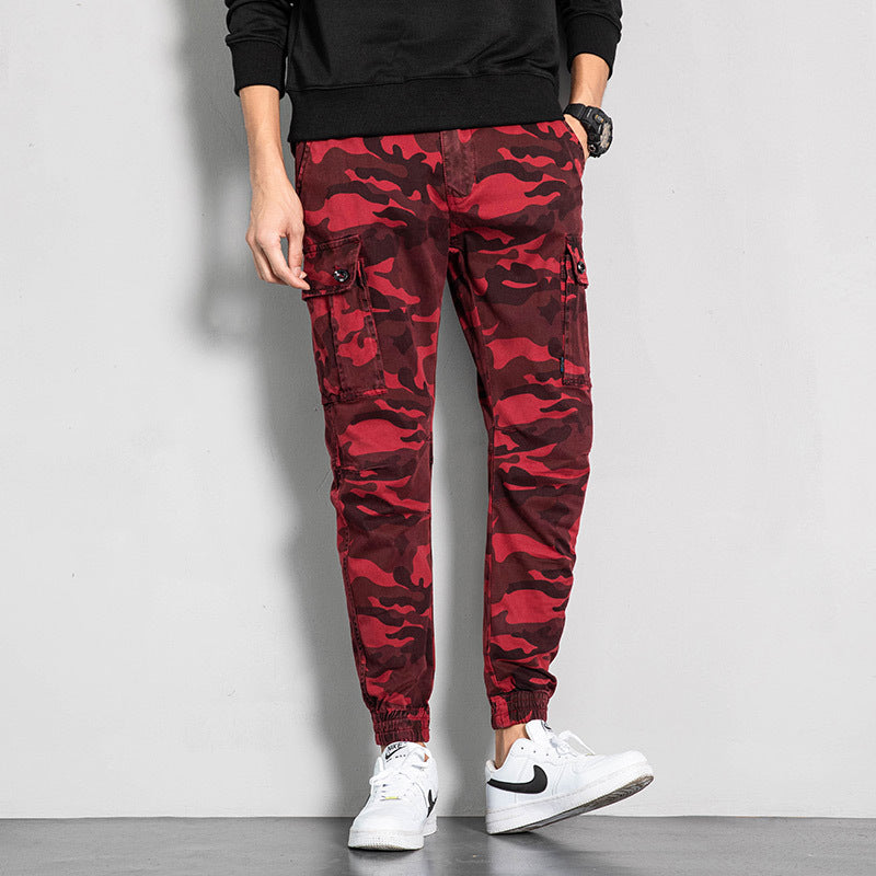 Men's overalls are fashionable and versatile. Large size washed camouflage multi bag casual pants