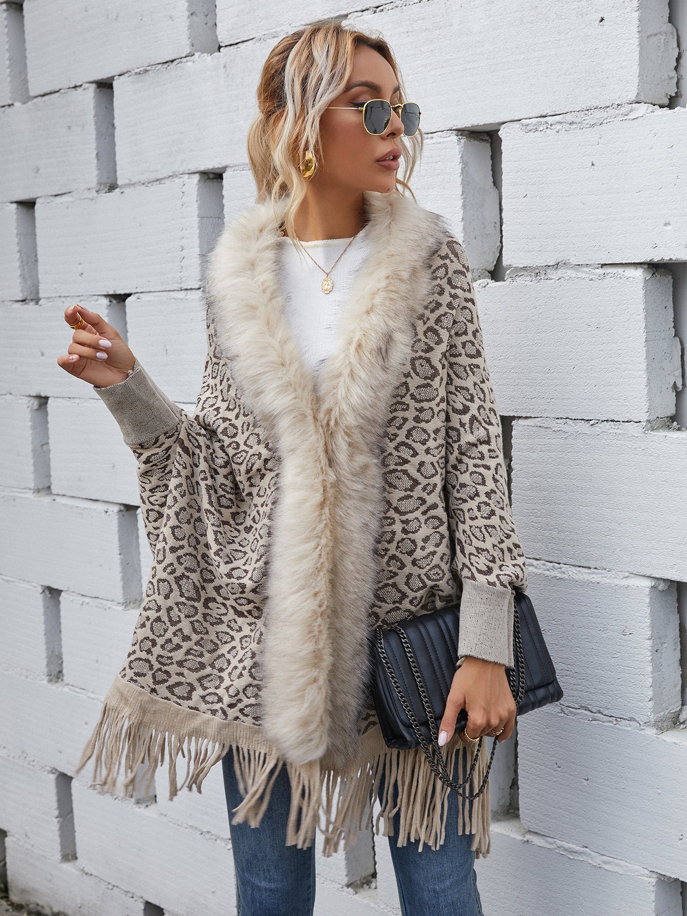 Leopard sweater autumn and winter new wool collar cardigan shawl knitted coat