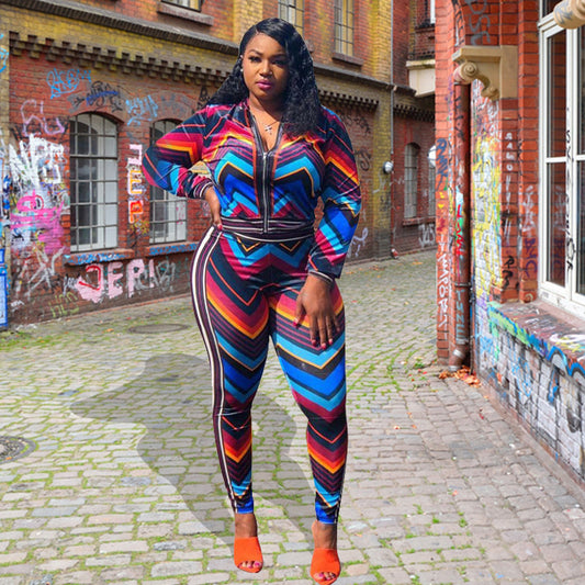Autumn and Winter New Women Fashion Sexy Sports Stripes Contrast Color Two-Piece Set