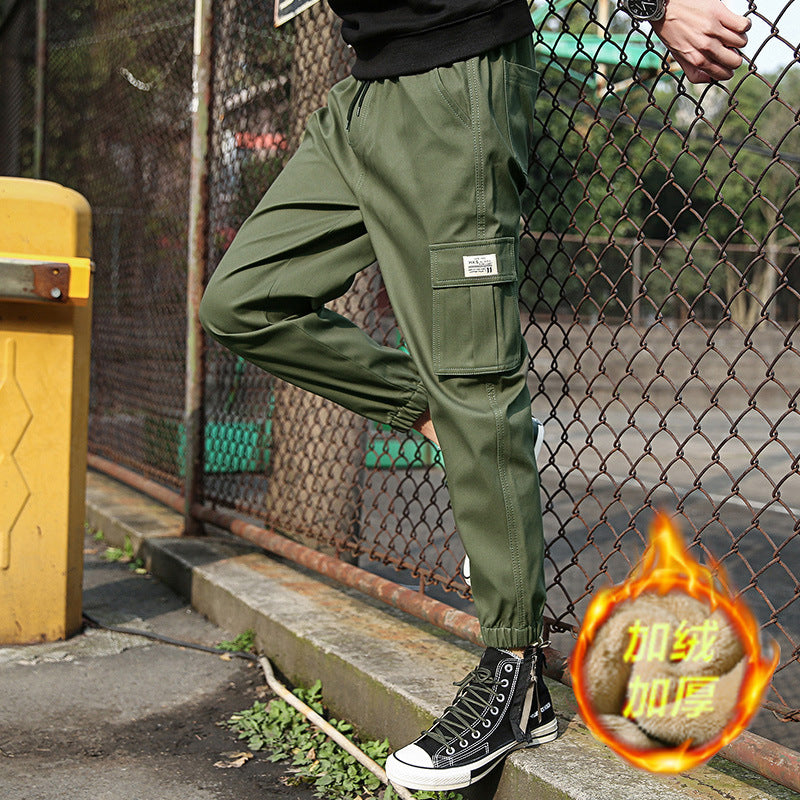 Solid color washed cotton pockets cargo warm pants
