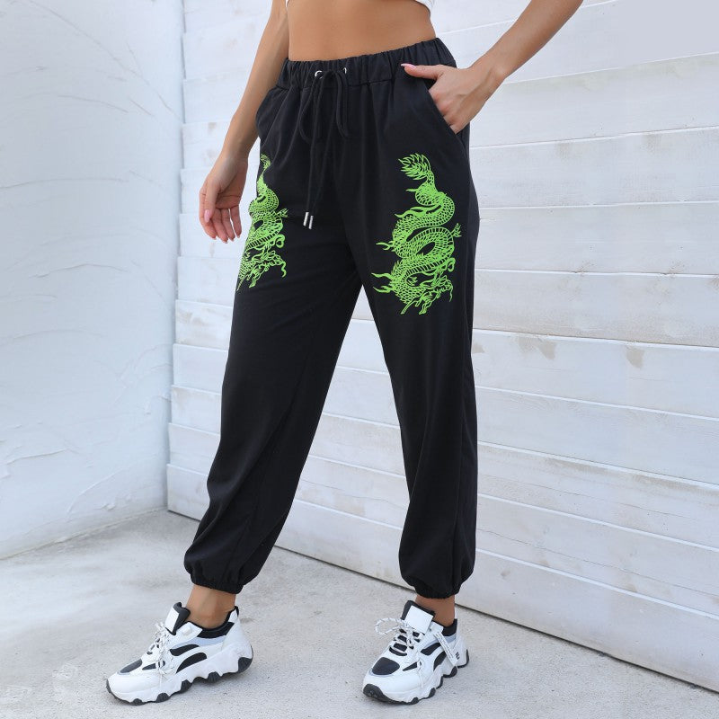 New casual pants women's black street fashion trend printed straight pants