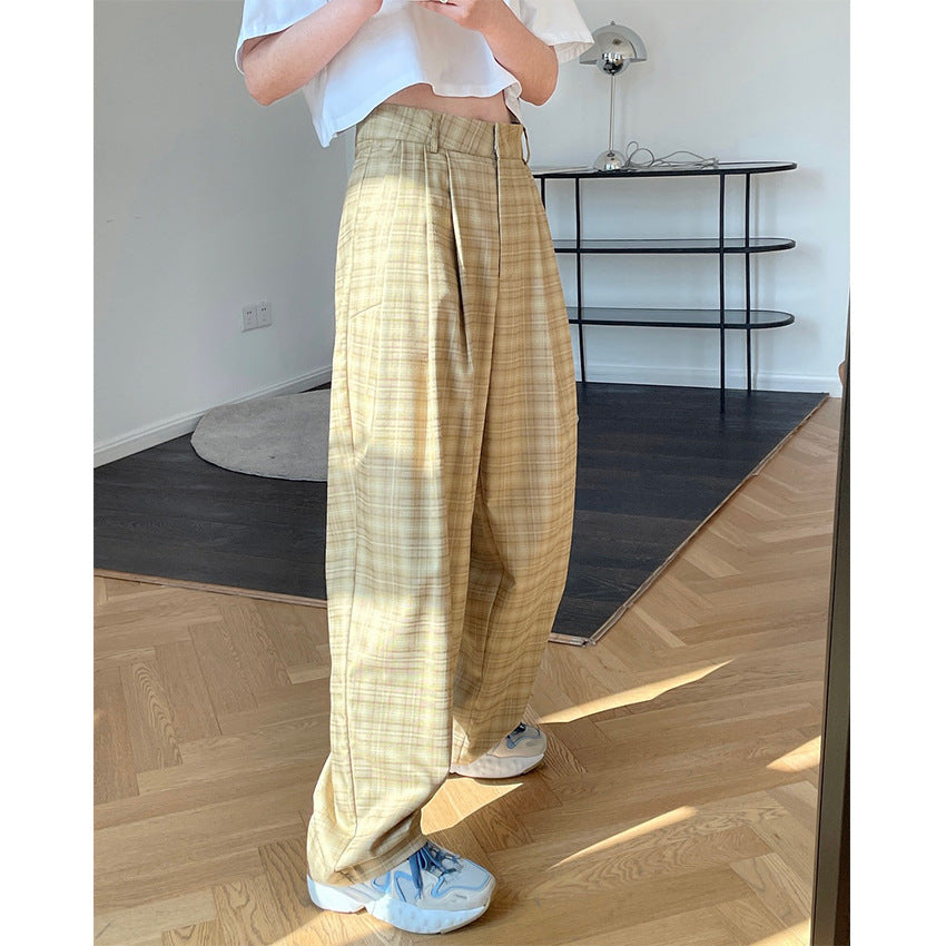 Spring and summer new European and American retro trendy grille high waist wide pants loose vertical cool radish trousers trousers women
