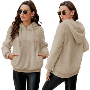 Amazon autumn and winter cross-border Europe and America long sleeve zipper hooded collar solid color women's sweater sweater jacket with pockets