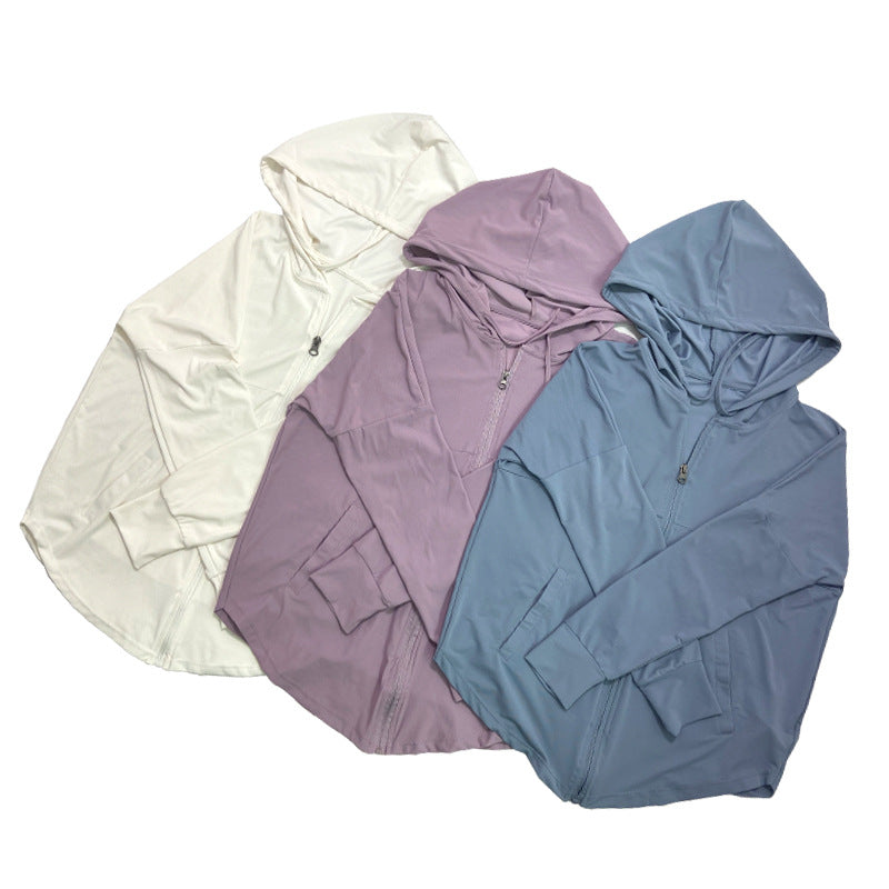 Long  Sun-Proof Workout Clothes Women Mesh Breathable Long-Sleeved Blouse Loose Leisure Sports Running Zipper Jacket