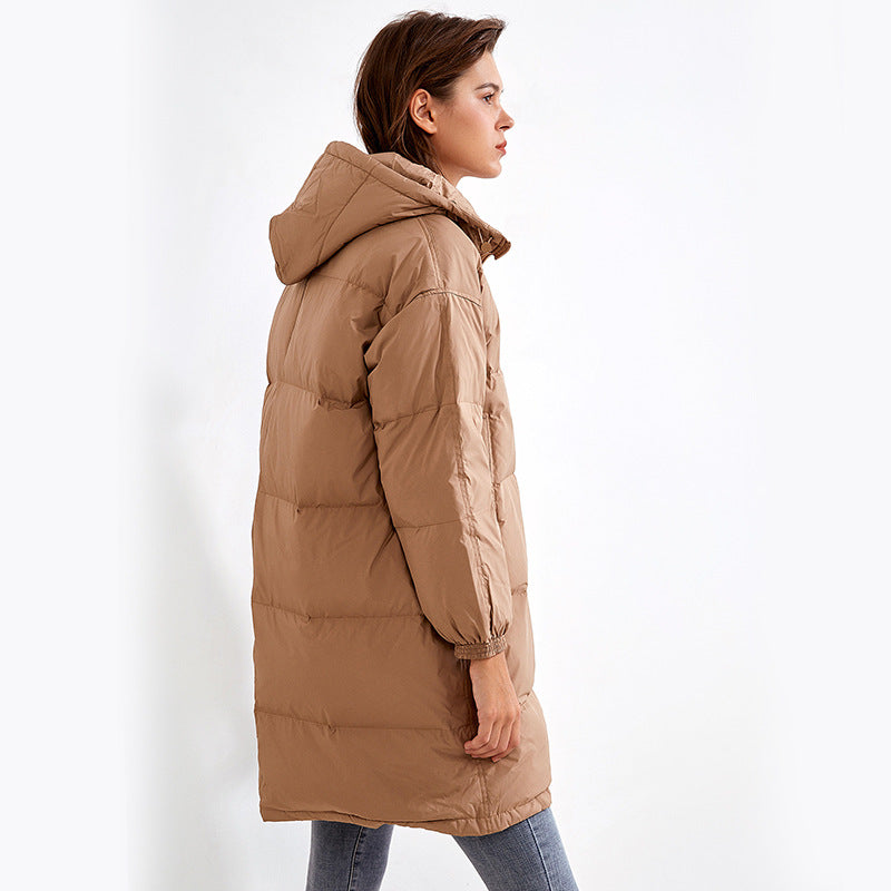 Urban leisure Hunting black zipper outdoor thickened Brown medium length hooded down jacket