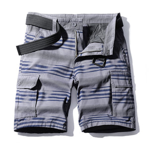 Work wear shorts men's fashion running water washing stripe Multi Pocket casual pants pure cotton five point sports men's pants
