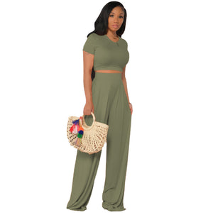 New  Women Clothing Solid Color Midriff Outfit Bell-Bottom Pants Casual Two-Piece Suit