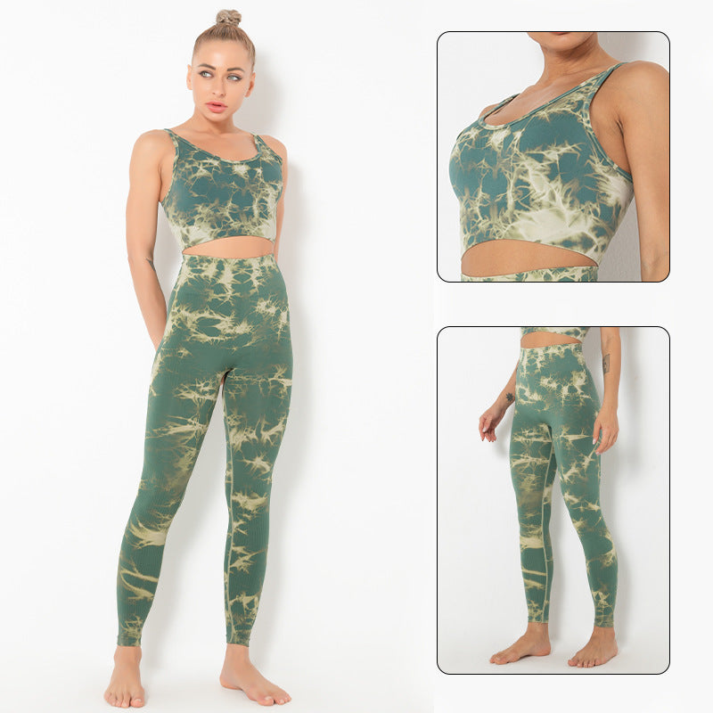 Fitstyle Yoga Clothes Women  Tops  Tie-Dye Sports Running Peach Fitness Suit Sports Skinny Yoga Pants Suit Women