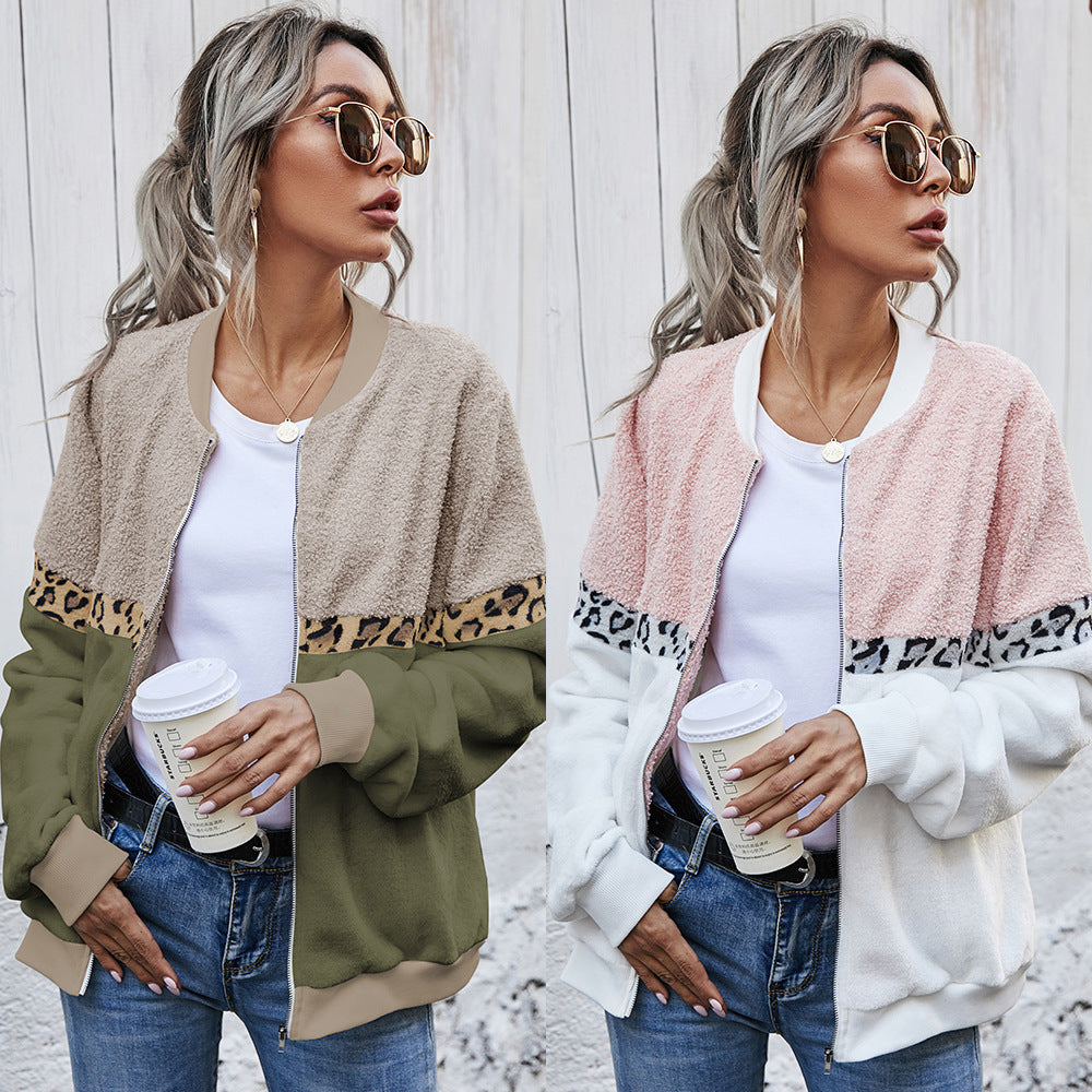 Cross-border women's stitching leopard print round neck loose plush jacket blouse