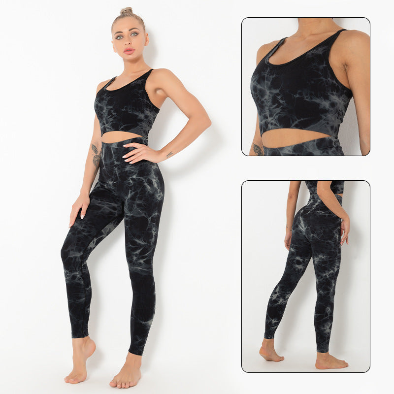 Fitstyle Yoga Clothes Women  Tops  Tie-Dye Sports Running Peach Fitness Suit Sports Skinny Yoga Pants Suit Women