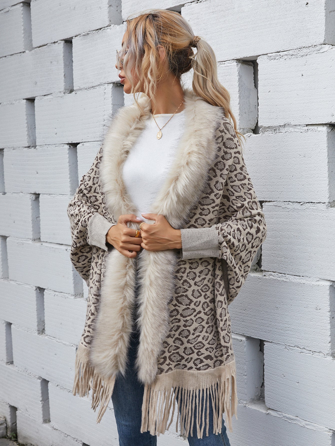Leopard sweater autumn and winter new wool collar cardigan shawl knitted coat