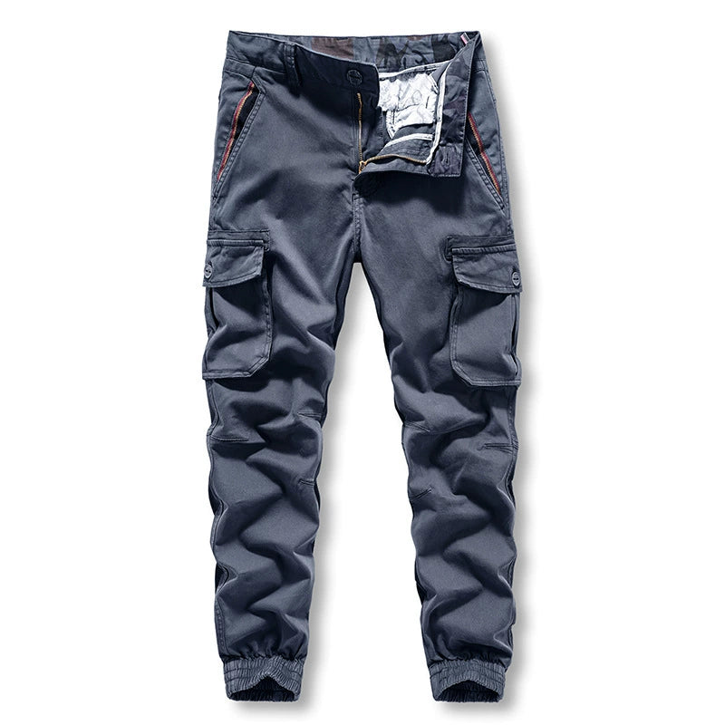 Casual pants: Men's work clothes trend: solid color woven belt Multi Pocket sports washing work clothes