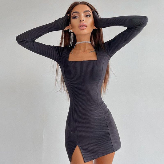 Casual Square Neck Long Sleeve Dress