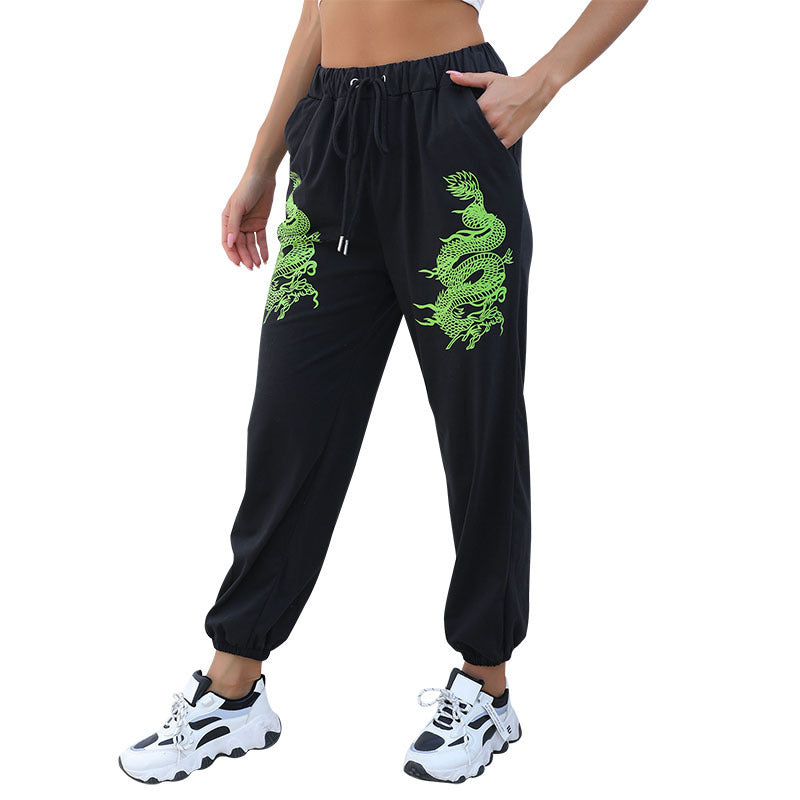 New casual pants women's black street fashion trend printed straight pants