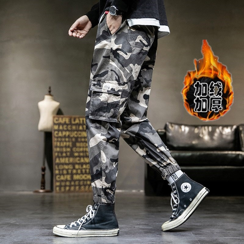 Solid color washed cotton pockets cargo warm pants