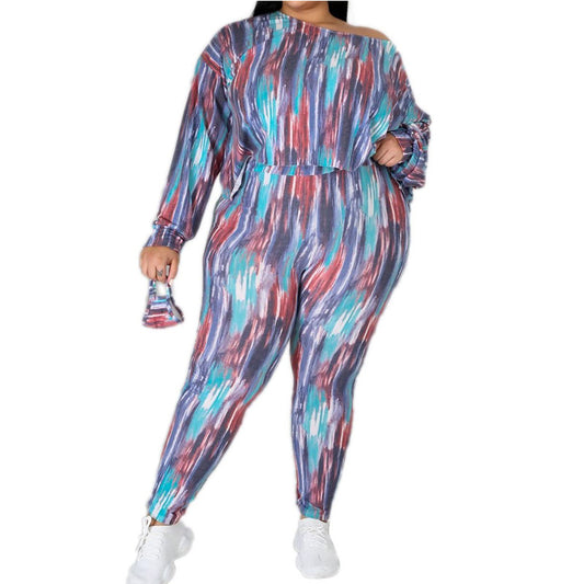 Autumn and Winter New Wome  Wear  Large Size Casual Suit  Hot Fashion Printed Two Piece Suit