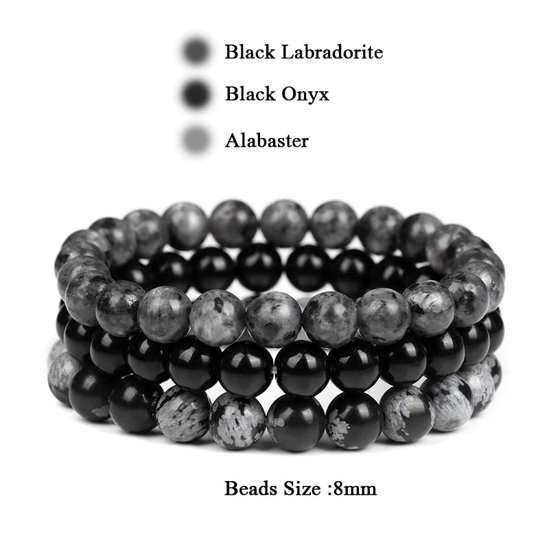WAVE LENGTH Bracelets 8mm Natural Stone Bracelet Set 3Pcs/set Rhodonite Rose Pink Quartzs Moonstone Amethysts Hematite Bracelets For Women Men Jewelry
