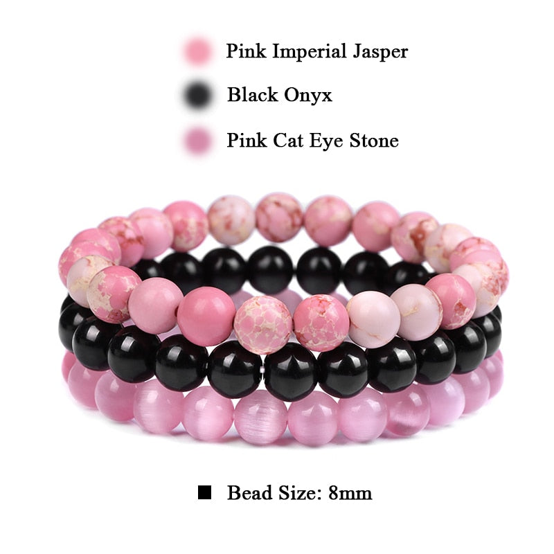 WAVE LENGTH Bracelets 8mm Natural Stone Bracelet Set 3Pcs/set Rhodonite Rose Pink Quartzs Moonstone Amethysts Hematite Bracelets For Women Men Jewelry