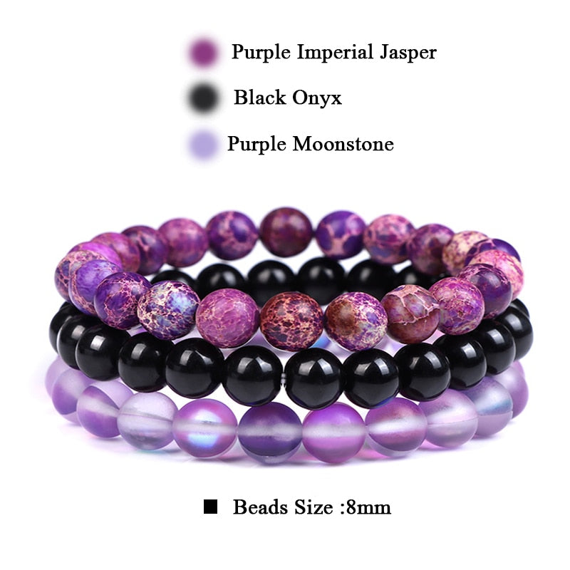 WAVE LENGTH Bracelets 8mm Natural Stone Bracelet Set 3Pcs/set Rhodonite Rose Pink Quartzs Moonstone Amethysts Hematite Bracelets For Women Men Jewelry