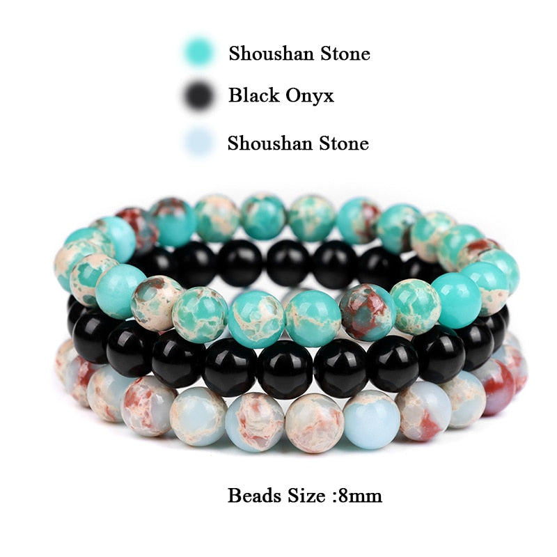 WAVE LENGTH Bracelets 8mm Natural Stone Bracelet Set 3Pcs/set Rhodonite Rose Pink Quartzs Moonstone Amethysts Hematite Bracelets For Women Men Jewelry