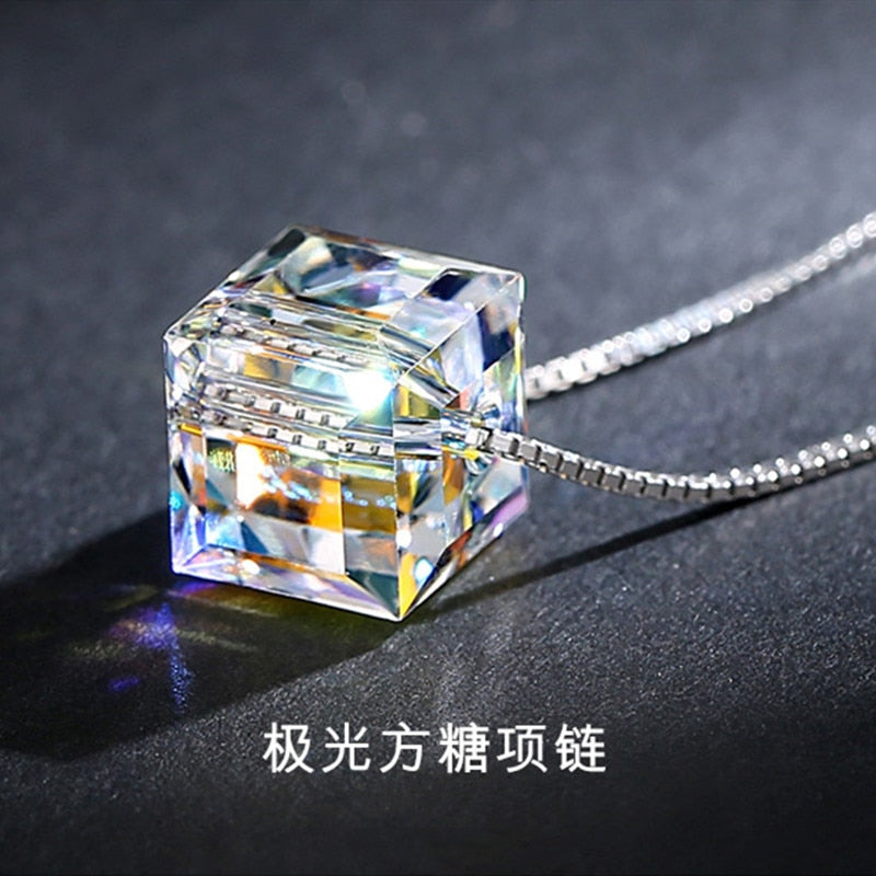 Swarovski Simple Temperament Aurora Borealis Cube Necklace Female Style Chic and Unique Square Pendant Crystal Necklace Clavicle