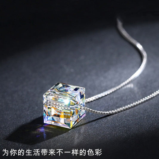 Swarovski Simple Temperament Aurora Borealis Cube Necklace Female Style Chic and Unique Square Pendant Crystal Necklace Clavicle