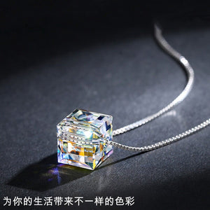 Swarovski Simple Temperament Aurora Borealis Cube Necklace Female Korean-Style Chic and Unique Square Pendant Crystal Necklace Clavicle