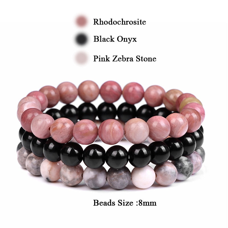 WAVE LENGTH Bracelets 8mm Natural Stone Bracelet Set 3Pcs/set Rhodonite Rose Pink Quartzs Moonstone Amethysts Hematite Bracelets For Women Men Jewelry