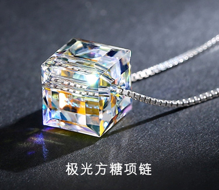Swarovski Simple Temperament Aurora Borealis Cube Necklace Female Style Chic and Unique Square Pendant Crystal Necklace Clavicle