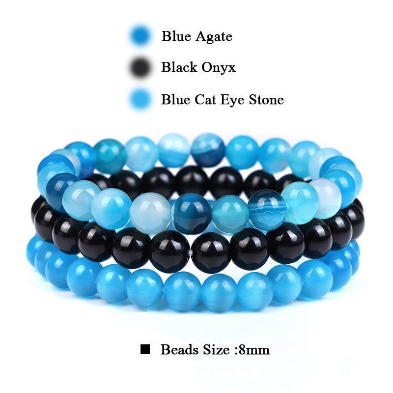 WAVE LENGTH Bracelets 8mm Natural Stone Bracelet Set 3Pcs/set Rhodonite Rose Pink Quartzs Moonstone Amethysts Hematite Bracelets For Women Men Jewelry