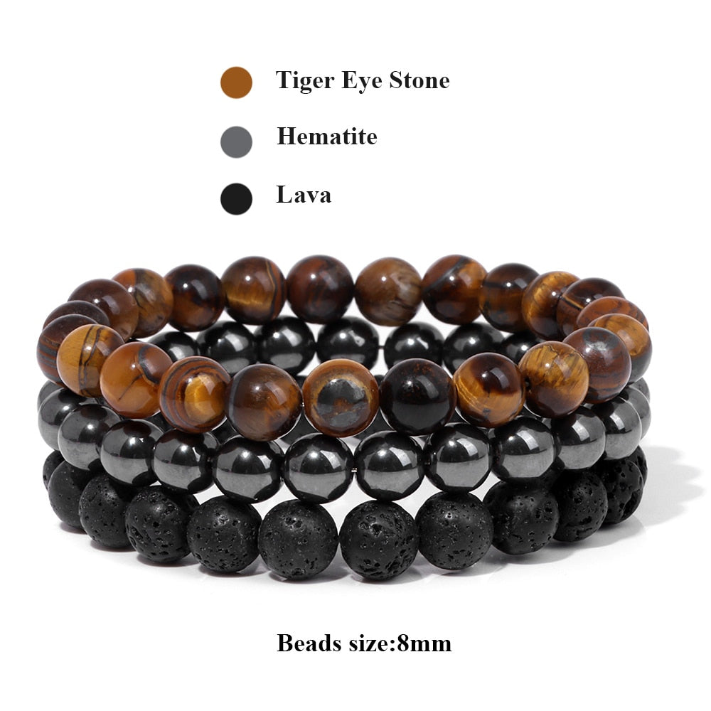 WAVE LENGTH Bracelets 8mm Natural Stone Bracelet Set 3Pcs/set Rhodonite Rose Pink Quartzs Moonstone Amethysts Hematite Bracelets For Women Men Jewelry