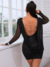 Load image into Gallery viewer, Glitter Rhinestone Chain Detail Mesh Sleeve Bodycon Dress
