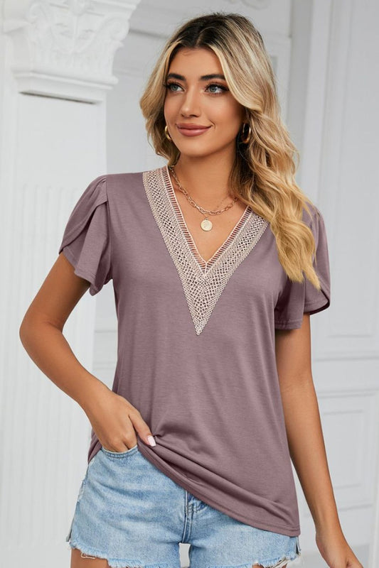 Contrast Trim Petal Sleeve V-Neck Top Lots of Colors