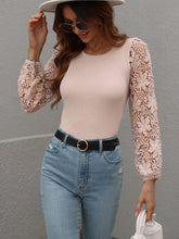 Load image into Gallery viewer, Lace Sleeve Round Neck Ribbed Top
