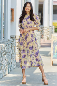 GeeGee Key To Love Puff Sleeve Floral Midi Dress in Yellow