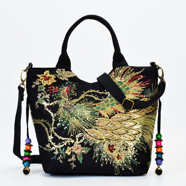 Women Shoulder Bag Handmade Embroidery Peacock Bohemia Ethnic Style Retro Handbag Large Capacity Tote Messenger Bag for Girl
