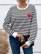 Load image into Gallery viewer, Heart Patch Striped Round Neck Long Sleeve Sweatshirt
