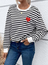 Load image into Gallery viewer, Heart Patch Striped Round Neck Long Sleeve Sweatshirt
