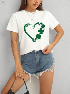 Heart Lucky Clover Round Neck Short Sleeve T-Shirt